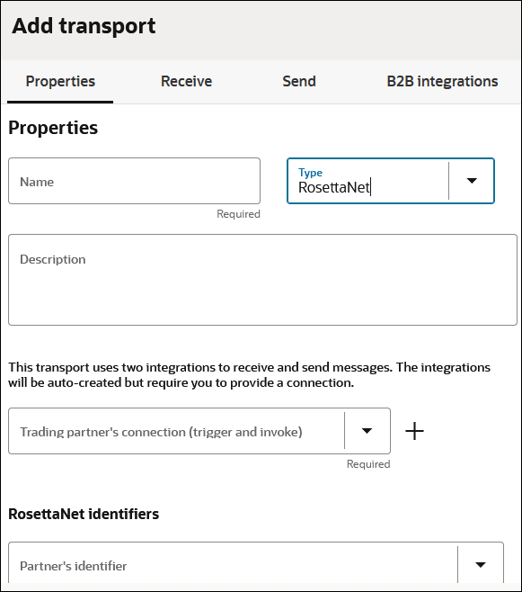 The Add Transport page shows tabs for Properties, Receive, Send, and B2B Integrations. Below are the Name, Type, and Description fields. The Cancel and Add buttons are in the lower right. The Add Transport page shows tabs for Properties, Receive, Send, and B2B Integrations. Below are the Name, Type, and Description fields. The Cancel and Add buttons are in the lower right.