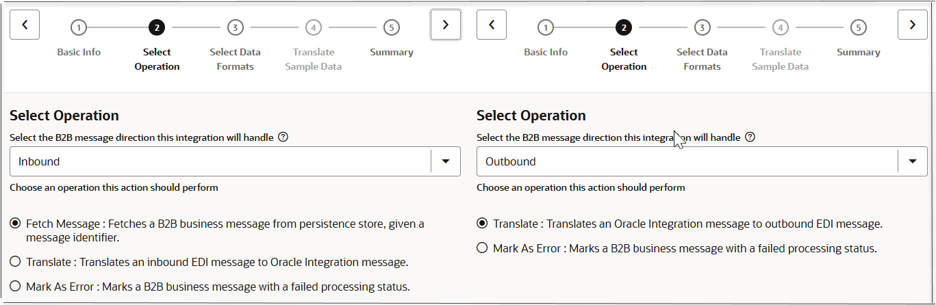 Two versions of the Select Operation page of the Configure B2B Action wizard are shown side by side. In the upper right corner of each are the Help, Back, Next, and Cancel buttons. The page on the left shows the Inbound message direction selected and the Fetch Message operation selected. The page on the right shows the Outbound message direction selected and the Translate operation selected. Two versions of the Select Operation page of the Configure B2B Action wizard are shown side by side. In the upper right corner of each are the Help, Back, Next, and Cancel buttons. The page on the left shows the Inbound message direction selected and the Fetch Message operation selected. The page on the right shows the Outbound message direction selected and the Translate operation selected.