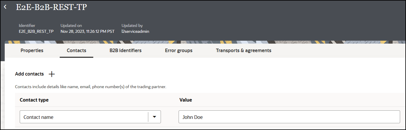 The Properties, Contacts, B2B Identifiers, and Transports & Agreements tabs appear at the top. Below are the Add Contacts icon, Contact Type list, and Value field. In the upper right is the Save button. The Properties, Contacts, B2B Identifiers, and Transports & Agreements tabs appear at the top. Below are the Add Contacts icon, Contact Type list, and Value field. In the upper right is the Save button.
