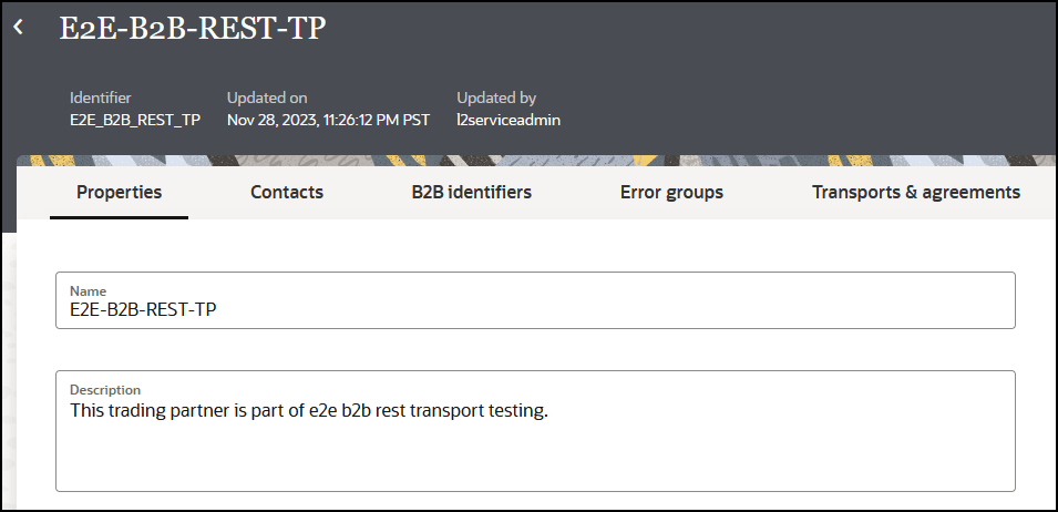 The Properties, Contacts, B2B Identifiers, and Transports & Agreements tabs appear at the top. Below are the Name and Description fields. In the upper right is the Save button. The Properties, Contacts, B2B Identifiers, and Transports & Agreements tabs appear at the top. Below are the Name and Description fields. In the upper right is the Save button.