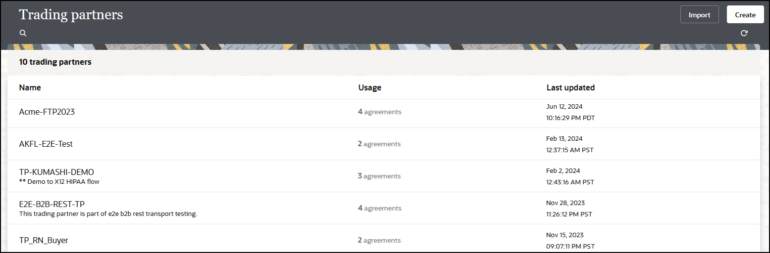 The Trading partners page shows columns for Name, Usage, and Last updated. Import and Create buttons appear in the upper right corner. The Trading partners page shows columns for Name, Usage, and Last updated. Import and Create buttons appear in the upper right corner.