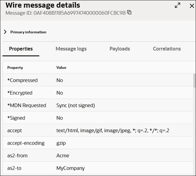 A table with columns for Status and Transport Message appears on the left side. The status of Successful is selected. To the right, the Wire Message Details dialog shows a Close button in the upper right. Below is the message ID number. Below is the Primary Information section with tabs for Properties, Message Logs, Payloads, and Correlations. Below this is the Execution Details section. A table with columns for Status and Transport Message appears on the left side. The status of Successful is selected. To the right, the Wire Message Details dialog shows a Close button in the upper right. Below is the message ID number. Below is the Primary Information section with tabs for Properties, Message Logs, Payloads, and Correlations. Below this is the Execution Details section.