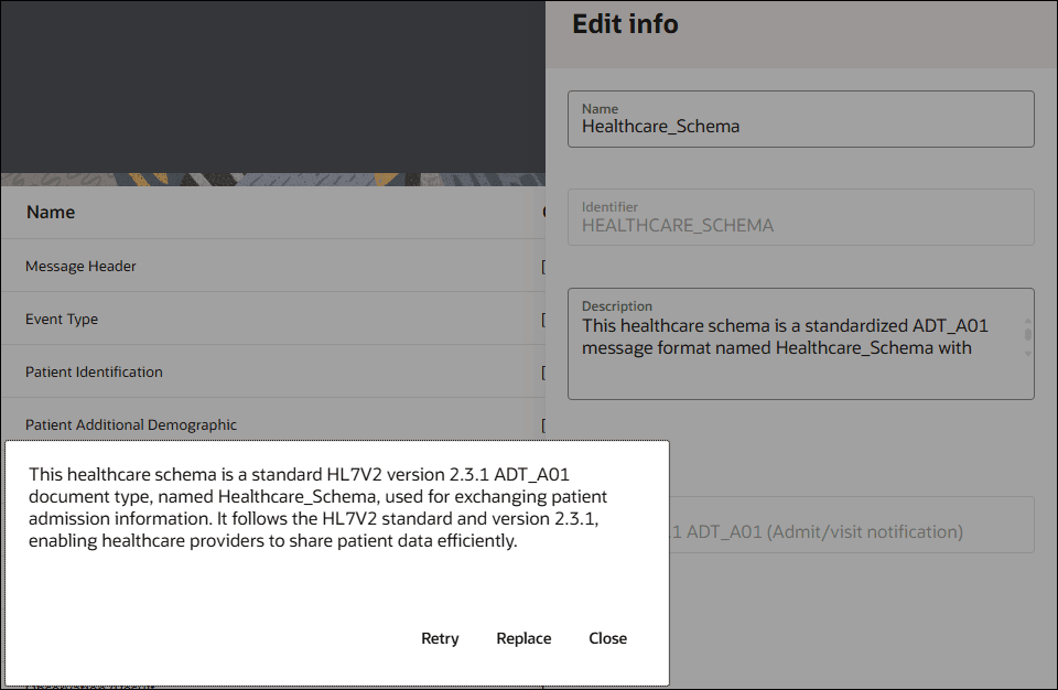 The Edit info panel shows fields for Name, Identifier, and Description. The healthcare schema description is displayed. The Retry button, Replace button, and Close button appear at the bottom of the description.