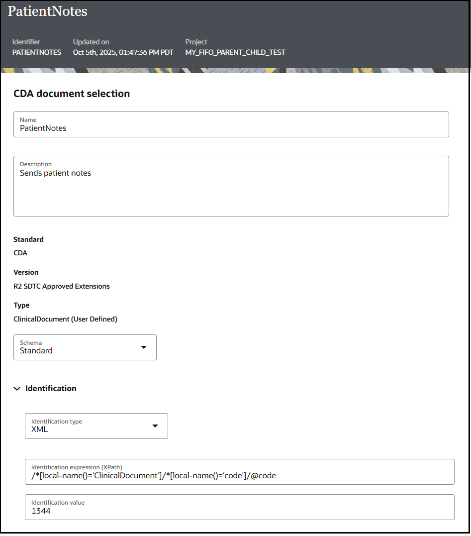 The details page for the CDA document is shown. It includes labels for Identifier, Updated on, and Project at the top. Below this is the CDA document selection section. This section includes editable fields for name and description. Below this are the non-editable fields for Standard, Version, and Type. Below this are drop-down lists for Schema, Identification type. Below this are editable fields for Identification expression (XPath) and Identification value. The details page for the CDA document is shown. It includes labels for Identifier, Updated on, and Project at the top. Below this is the CDA document selection section. This section includes editable fields for name and description. Below this are the non-editable fields for Standard, Version, and Type. Below this are drop-down lists for Schema, Identification type. Below this are editable fields for Identification expression (XPath) and Identification value.