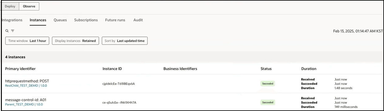 The Integration, Instances (which is selected), Queues, Subscriptions, Future runs, and Audit tabs are shown. Search and filter icons appear below. A filter has been set on the display of data. A table with columns for Name, Instance ID, Business identifiers, Status, and Duration appears. The two instances show a status of succeeded.