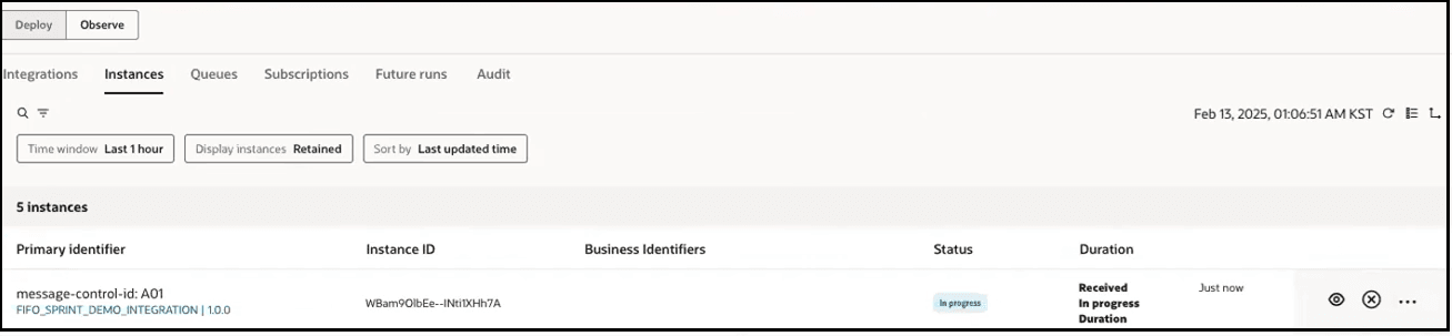 The Integration, Instances (which is selected), Queues, Subscriptions, Future runs, and Audit tabs are shown. Search and filter icons appear below. A filter has been set on the display of data. A table with columns for Name, Instance ID, Business identifiers, Status, and Duration appears. The instance is in progress.