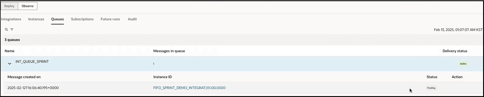 The Integration, Instances, Queues, Subscriptions, Future runs, and Audit tabs are shown. Search and filter icons appear below. A table with columns for Name, Messages in queues, and Delivery status appears. The first queue in the table is expanded to show columns for Message created on, Instance ID, Status, and Action.