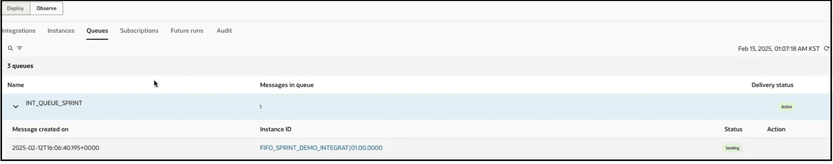 The Integration, Instances, Queues, Subscriptions, Future runs, and Audit tabs are shown. Search and filter icons appear below. A table with columns for Name, Messages in queues, and Delivery status appears. The first queue in the table is expanded to show columns for Message created on, Instance ID, Status, and Action.