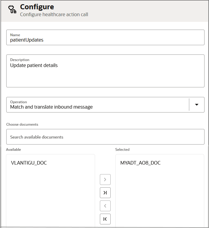 The Configure - Configure healthcare action call page. Fields for Name, Description, Operation (Match and translate inbound message is selected), and Document fields are shown.
