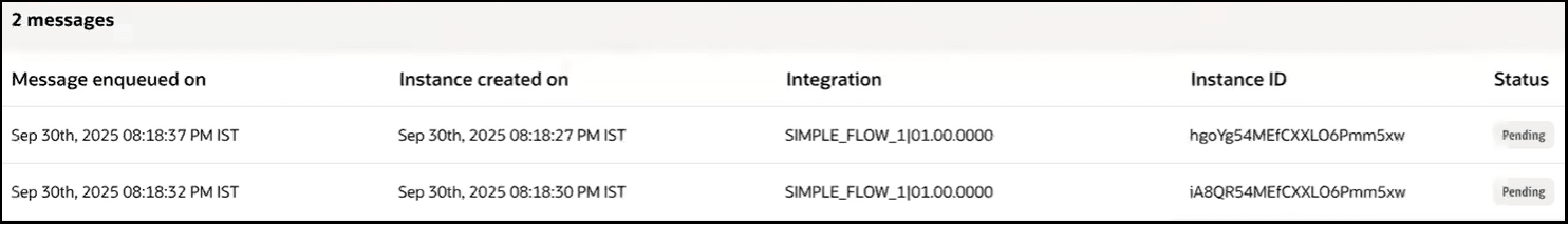 A table with columns for Messages enqueued on, Instance created on, Integration, Instance ID, and Status appears.