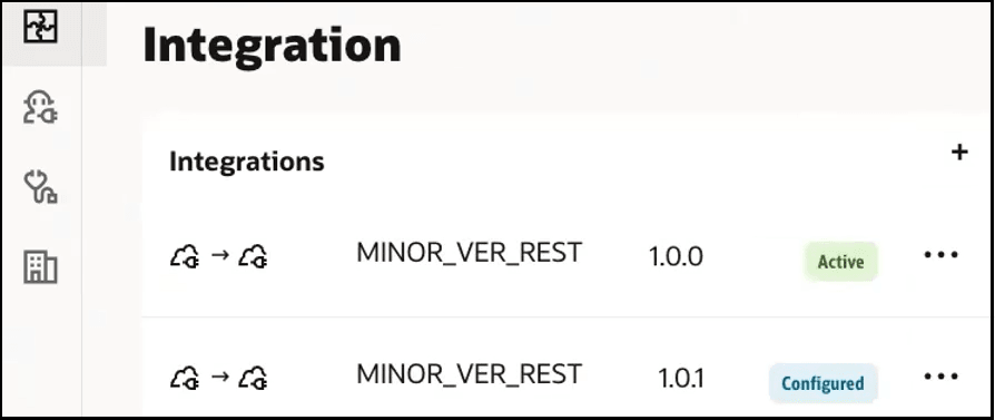 The Integrations section of a project shows two integrations. One is active and the other is configured. An Actions menu (…) is displayed for each. A plus sign in displayed in the upper right. On the far left are buttons for integrations, robots, healthcare, and B2B. The Integrations section of a project shows two integrations. One is active and the other is configured. An Actions menu (…) is displayed for each. A plus sign in displayed in the upper right. On the far left are buttons for integrations, robots, healthcare, and B2B.