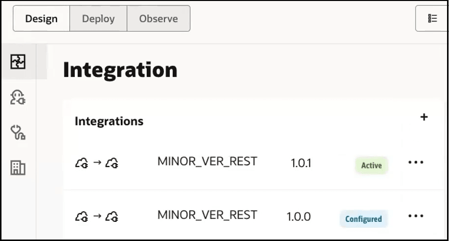 The Integrations section of a project shows two integrations. One is active and the other is configured. An Actions menu (…) is displayed for each. A plus sign in displayed in the upper right. On the far left are buttons for integrations, robots, healthcare, and B2B. Tabs for Design (which is s The Integrations section of a project shows two integrations. One is active and the other is configured. An Actions menu (…) is displayed for each. A plus sign in displayed in the upper right. On the far left are buttons for integrations, robots, healthcare, and B2B. Tabs for Design (which is s