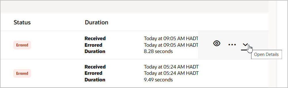 The table has Status and Duration columns with two rows. An expand menu is selected. The table has Status and Duration columns with two rows. An expand menu is selected.