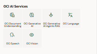 OCI AI Services actions palette section includes OCI Document Understanding, OCI Generative AI, OCI Generative AI Agents RAG, OCI Language, OCI Speech, OCI Vision.