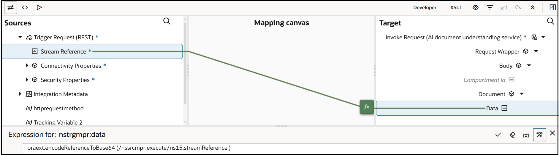 The Sources, Mapping canvas, and Target sections are shown. The target Stream Reference element is mapped to the sources Data element. The Sources, Mapping canvas, and Target sections are shown. The target Stream Reference element is mapped to the sources Data element.