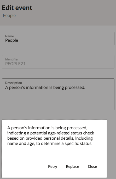 The Edit event panel shows fields for Name, Identifier, and Description. The event description is displayed. The Retry button, Replace button, and Close button appear at the bottom of the description.