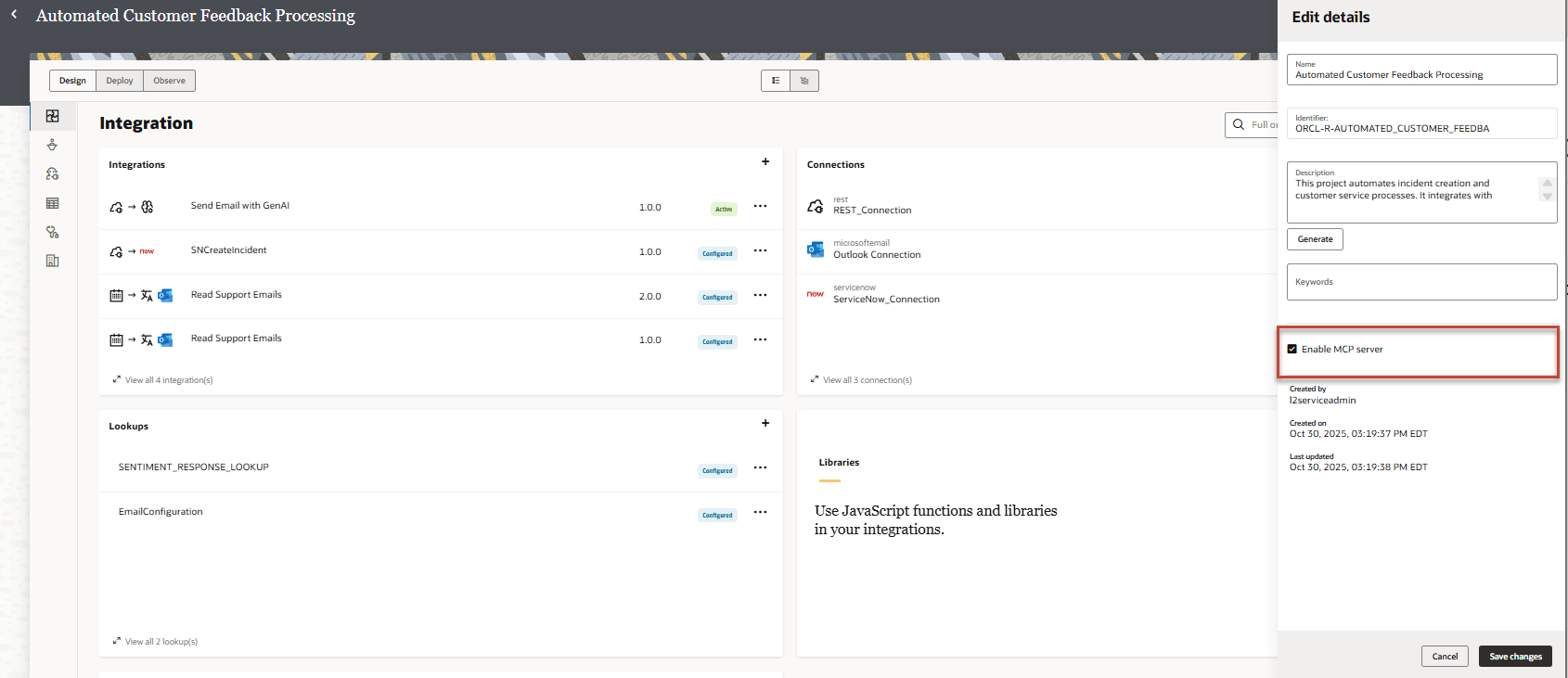 Project page with the Design tab selected with panels for Integrations, Connections, Lookups, and Libraries. On the right, the Edit details panel is open with fields for project name, identifier, description, keywords, and an "Enable MCP server" checkbox checked and highlighted. Created and last updated information is shown at the bottom, with Cancel and Save changes buttons.