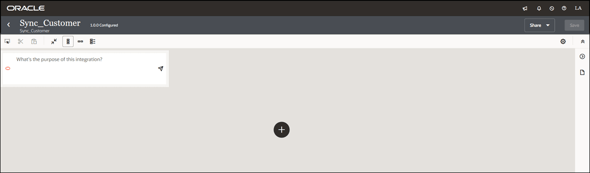 The empty integration canvas is shown with the AI chat box where you can specify what the integration needs to do and click the Send message icon.