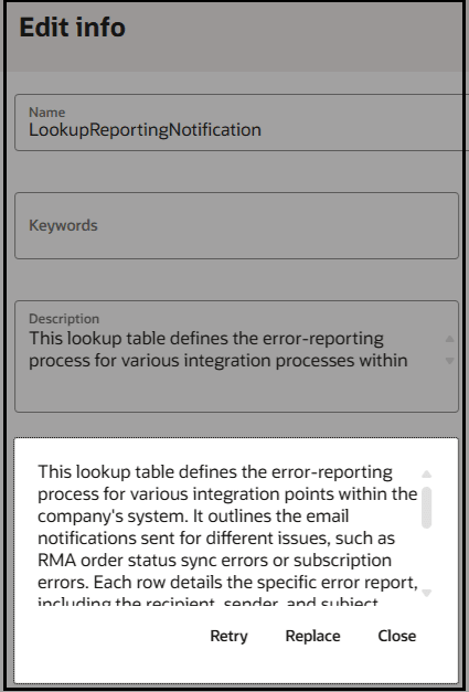 The Edit info panel shows fields for Name, Keywords, and Description. The lookup description is displayed. The Retry button, Replace button, and Close button appear at the bottom of the description.