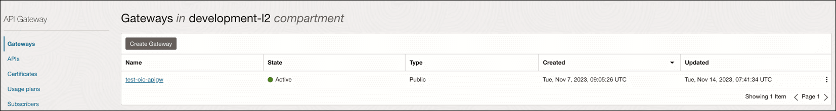 The Gateways page shows a table with columns with Name, State, Type, Created, and Updated. On the left are links for Gateways, APIs, Certificates, Usage plans, and Subscriptions. The Gateways page shows a table with columns with Name, State, Type, Created, and Updated. On the left are links for Gateways, APIs, Certificates, Usage plans, and Subscriptions.