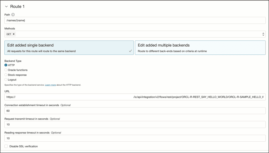The Route 1 page is shown. Below are fields for Path and Methods. Below are buttons for Edit added single backend and Edit added multiple backends. Below is a list for Backend Type. Below are fields for URL, Connection establishment timeout in seconds, Request transmit timeout in seconds, and Reading response in seconds. Below is a Disable SSL verification check box. The Route 1 page is shown. Below are fields for Path and Methods. Below are buttons for Edit added single backend and Edit added multiple backends. Below is a list for Backend Type. Below are fields for URL, Connection establishment timeout in seconds, Request transmit timeout in seconds, and Reading response in seconds. Below is a Disable SSL verification check box.