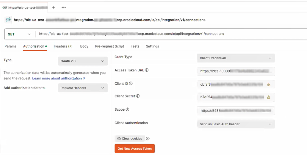 Postman Configuration page, with Authorization tab selected, fields from top to bottom are Grant Type, Access Token URL, Client ID, Client Secret, Scope, Client Authentication. There is also a Get New Access Token button