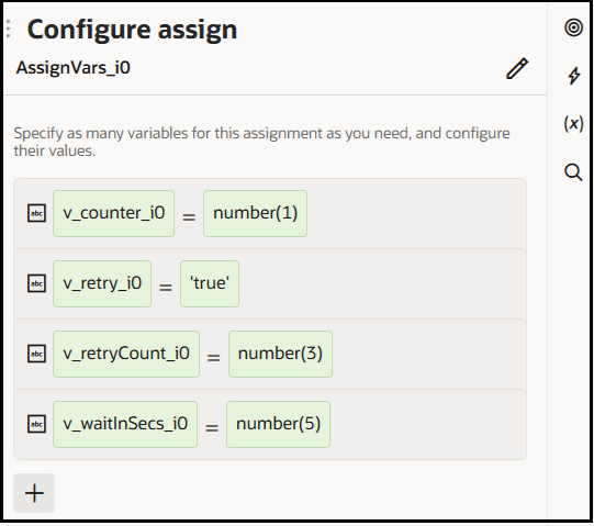 The Configure assign panel shows four variables. The retryCount variable is set to 3 retries and the waitinSec variable is set to 5 seconds.
