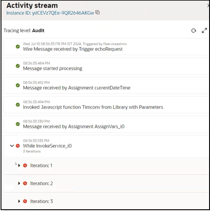 The activity stream includes a while InvokeService_0 action that is expanded to show that three iterations (retries) were attempted. Each retry failed.