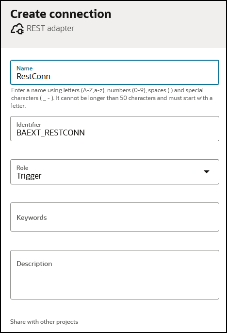 The Create connection panel shows fields for Name, Identifier, Role, Keywords, Description, and Share with other projects. The Identifier field has a prefix of BAEXT_ in front of the connection name.