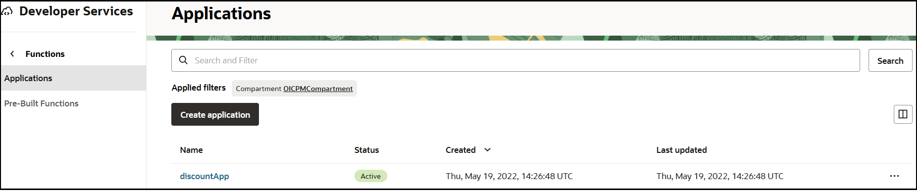 The Applications tab is selected in the left navigation pane. At the top is the label Applications. The compartment name appears below. Below is a table with columns for Name, Status, Created, and Last updated. The Applications tab is selected in the left navigation pane. At the top is the label Applications. The compartment name appears below. Below is a table with columns for Name, Status, Created, and Last updated.