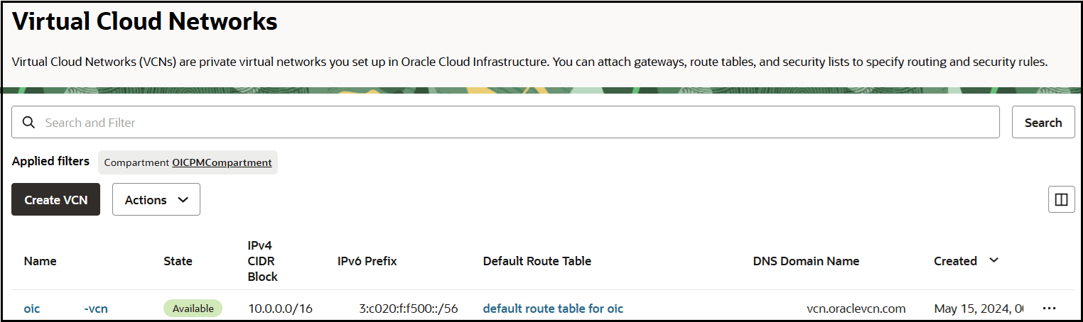 The Virtual Cloud Networks page is shown. At the top is the compartment name. Below are the Create VCN and Actions buttons. Below is a table with columns for Name, Status, IPv4 CIDR Block, IPv6 Prefix, Default Route Table, DNS Domain Name, and Created. The Virtual Cloud Networks page is shown. At the top is the compartment name. Below are the Create VCN and Actions buttons. Below is a table with columns for Name, Status, IPv4 CIDR Block, IPv6 Prefix, Default Route Table, DNS Domain Name, and Created.
