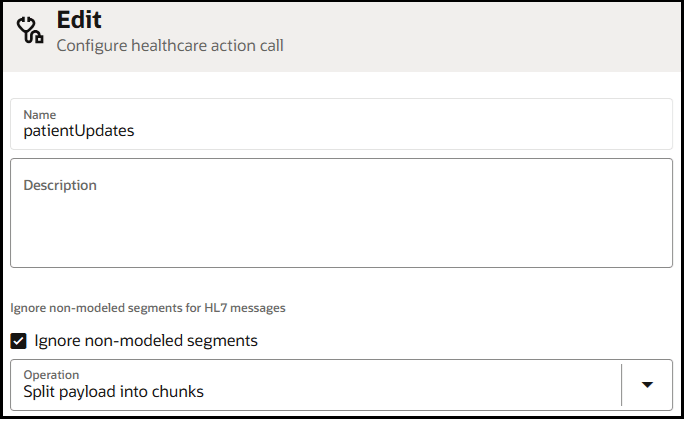The Configure healthcare action call shows fields for Name, Description, Ignore non-modeled segments, and Operation.