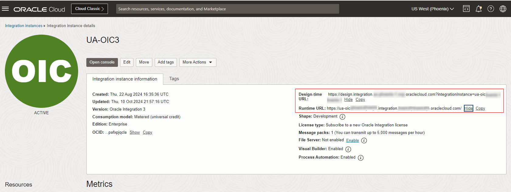 Oracle Integration instance page with Design-time and Runtime URL highlighted. Oracle Integration instance page with Design-time and Runtime URL highlighted.