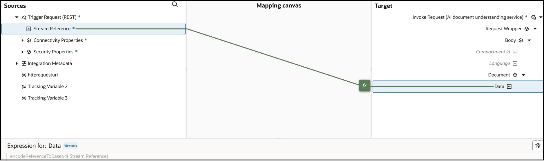 The Sources, Mapping canvas, and Target sections are shown. The source Stream Reference element is mapped to the target Data element.
