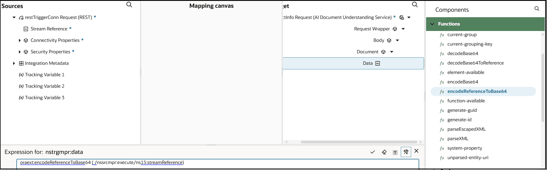 The mapper shows the Sources, Mapping canvas, and Targets section. The target Functions list is shown. The encodeReferenceToBase64 function is selected. The encodeReferenceToBase64 function is shown in the Expression Builder at the bottom. The source Stream Reference has been dragged into the function.