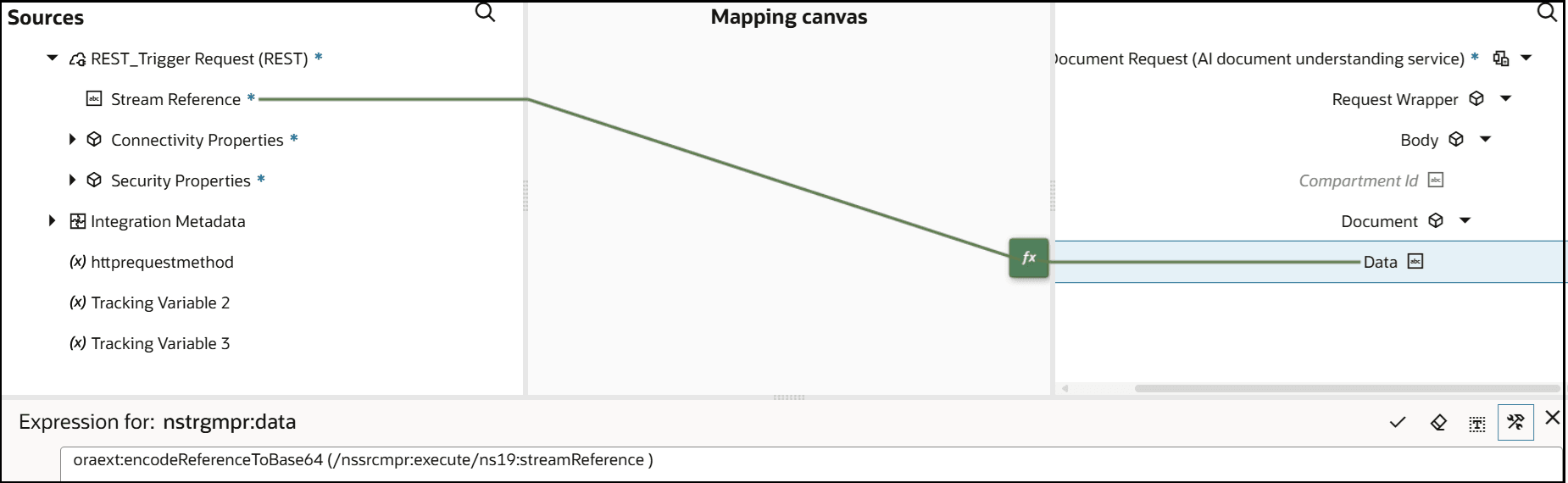 The Sources, Mapping canvas, and Target sections are shown. The source Stream Reference element is mapped to the target Data element.