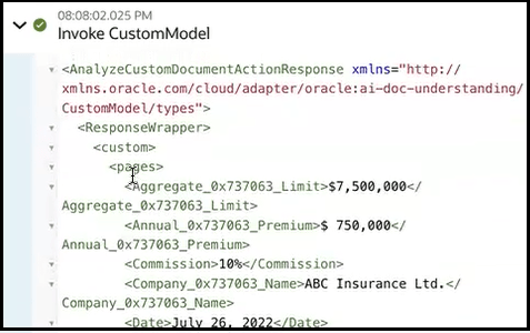 The invoke is expanded in the activity stream to show the insurance quote parameters and their values that were included in the JPG file.