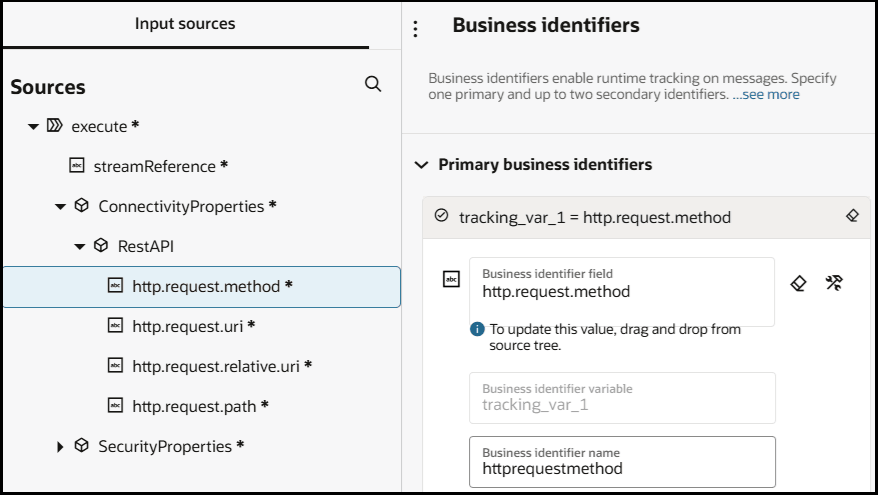 The Business identifiers section is shown. On the left side, the Input sources tree is expanded to show http.request.method selected. That parameter has been dragged to the Primary business identifiers field.