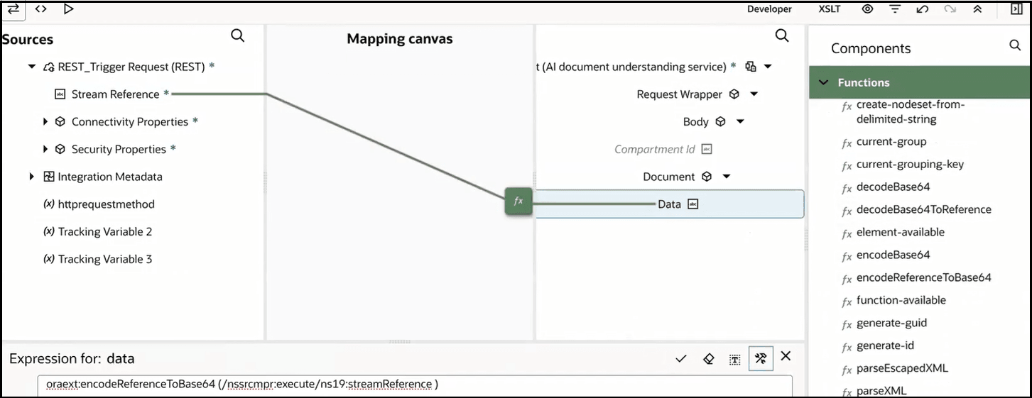 The Sources, Mapping canvas, and Target sections are shown. The source Stream Reference element is mapped to the target Data element. The Expression Builder shows the encodeReferenceToBase64 function configured with the stream reference.