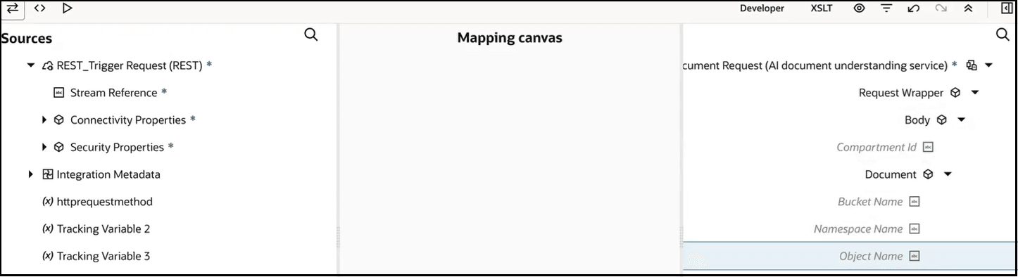 The Sources, Mapping canvas, and Target sections are shown. The target Document element shows subelements for Bucket Name, Namespace Name, and Object Name.