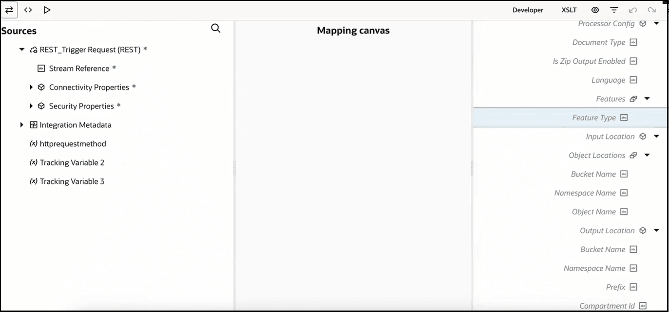 The Sources, Mapping canvas, and Target sections are shown. The target Feature Type element is shown. Under the target Input Location element, the Object Locations, Bucket Name, Namespace Name, and Object Name are shown. Under the target Output Location element, the Bucket Name, Namespace Name, Prefix, and Compartment id are shown.