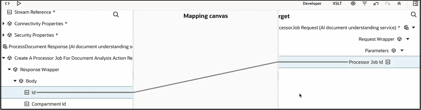 The Sources, Mapping canvas, and Target sections are shown. Under the source Body element, id is mapped to the target Processor Job id.