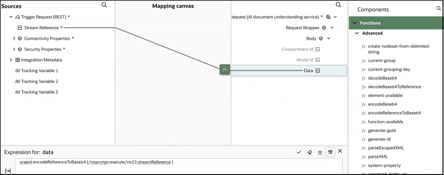 The Sources, Mapping canvas, and Target sections are shown. The target Stream Reference element is mapped to the sources Data element.