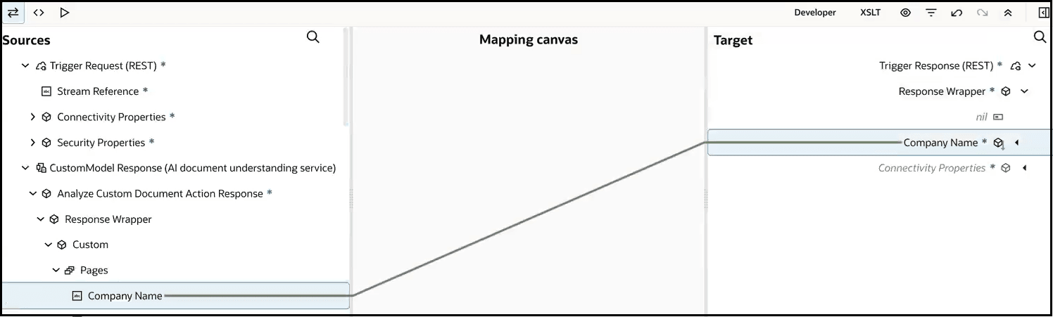The mapper shows the Sources, Mapping canvas, and Targets section. The source Company Name is mapped to the target Company Name.