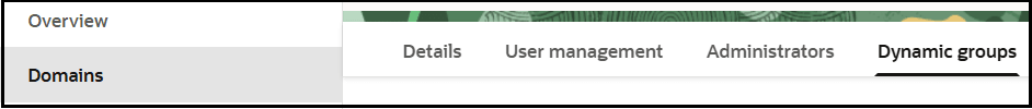 The Domains tab is selected in the left navigation pane. The menu bar shows links for Details, User management, Administrators, and Dynamic groups. The Domains tab is selected in the left navigation pane. The menu bar shows links for Details, User management, Administrators, and Dynamic groups.