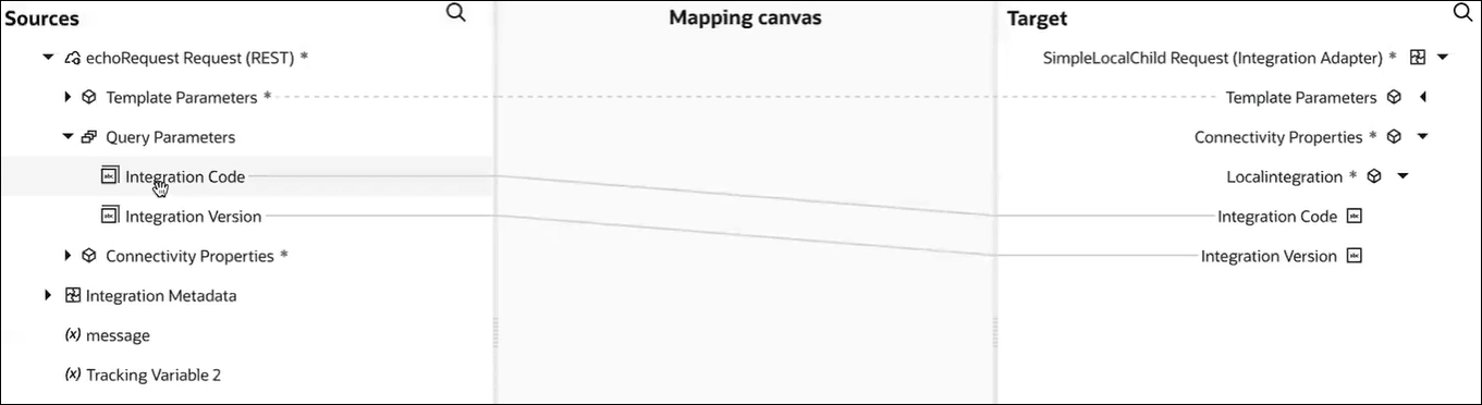 The Sources, Mapping canvas, and Target sections are shown. Integration Code and Integration Version are mapped to Integration Code and Integration Version. The Sources, Mapping canvas, and Target sections are shown. Integration Code and Integration Version are mapped to Integration Code and Integration Version.