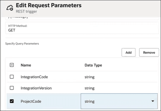 The Edit Request Parameters dialog shows GET as the HTTP method. Below this is the Specify Query Parameters section. Add and Remove buttons are shown. Below this is a table with columns for Name and Data Type. IntegrationCode, IntegrationVersion, and ProjectCode are all defined. Each is a string data type. The Edit Request Parameters dialog shows GET as the HTTP method. Below this is the Specify Query Parameters section. Add and Remove buttons are shown. Below this is a table with columns for Name and Data Type. IntegrationCode, IntegrationVersion, and ProjectCode are all defined. Each is a string data type.