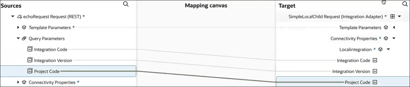The Sources, Mapping canvas, and Target sections are shown. Integration Code and Integration Version are mapped to Integration Code and Integration Version. Project Code is mapped to Project Code. The Sources, Mapping canvas, and Target sections are shown. Integration Code and Integration Version are mapped to Integration Code and Integration Version. Project Code is mapped to Project Code.