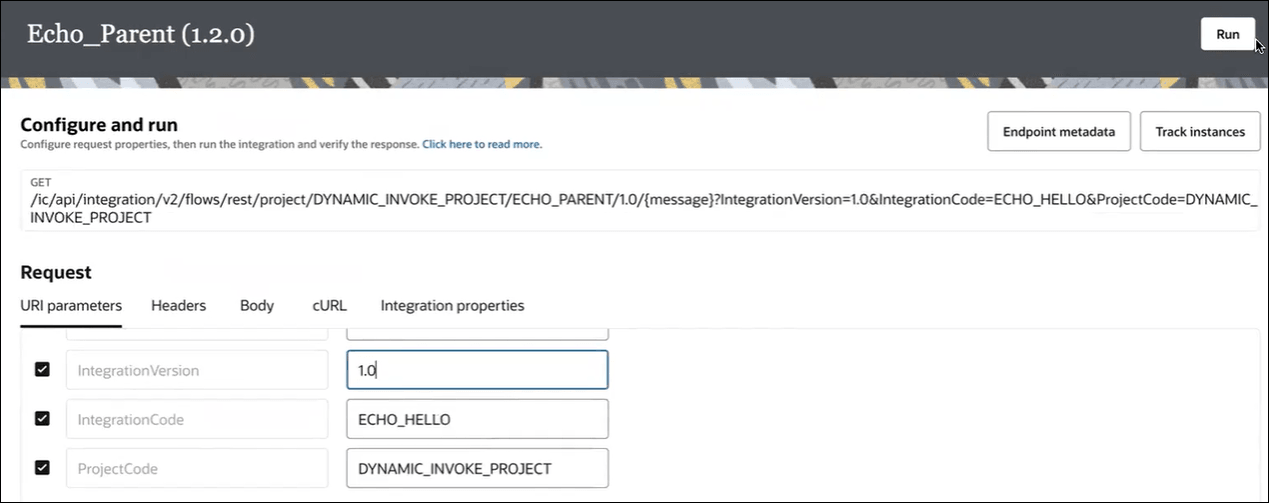The Configure and run page shows Endpoint metadata and Track instances buttons in the upper right. The Request section includes tabs for URL parameters (which is selected), Headers, Body, cURL, and Integration properties. Fields appear for IntegrationVersion, IntegrationCode, and Project Code. Values have been specified in each field. The Configure and run page shows Endpoint metadata and Track instances buttons in the upper right. The Request section includes tabs for URL parameters (which is selected), Headers, Body, cURL, and Integration properties. Fields appear for IntegrationVersion, IntegrationCode, and Project Code. Values have been specified in each field.