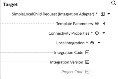 The Target tree in the mapper shows values for Integration Code, Integration Version, and Project Code under Localintegration. The Target tree in the mapper shows values for Integration Code, Integration Version, and Project Code under Localintegration.